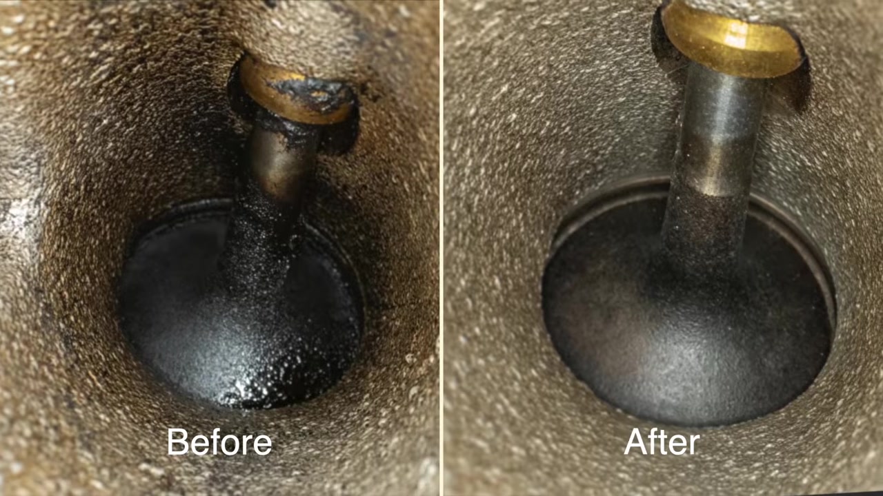 Intake valve before and after AUTOOL HTS518 walnut blasting