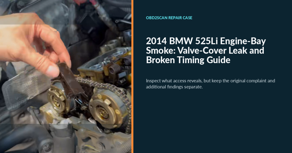 2014 BMW 525Li Engine-Bay Smoke: Valve-Cover Leak and Broken Timing Guide