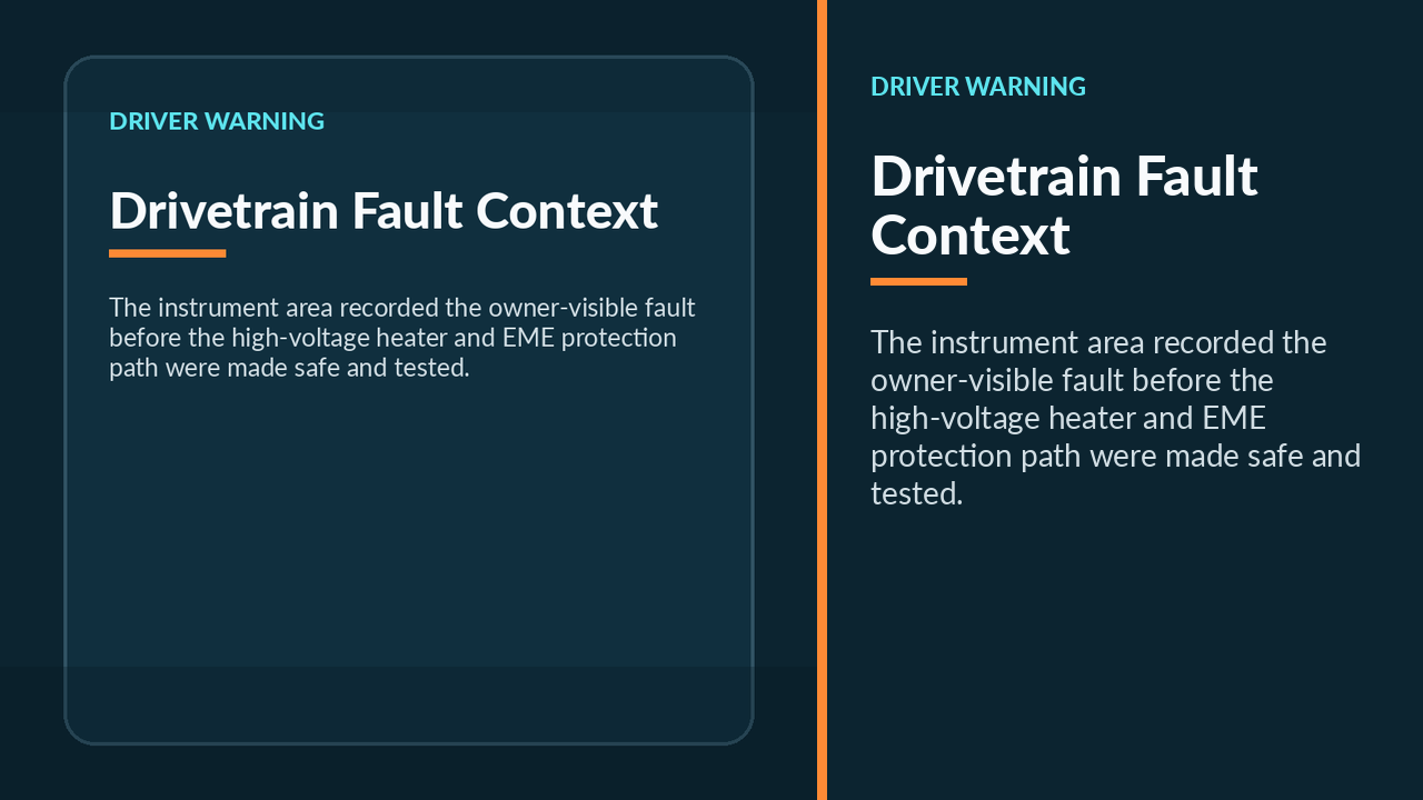 The instrument area shows the reported drivetrain fault context