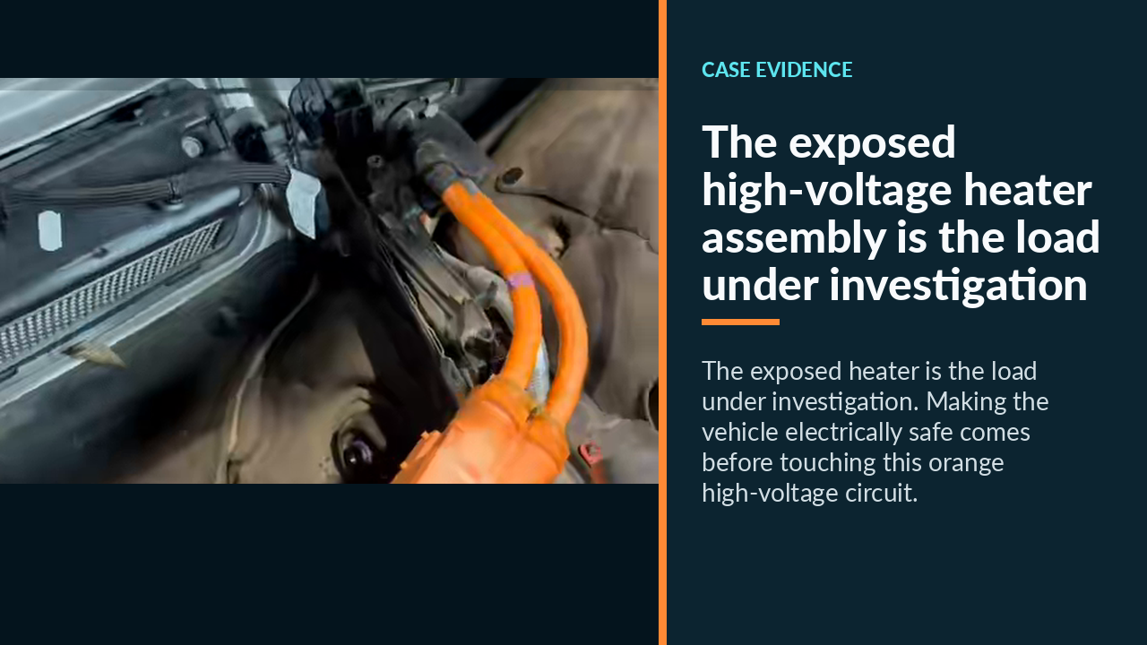 The exposed high-voltage heater assembly is the load under investigation