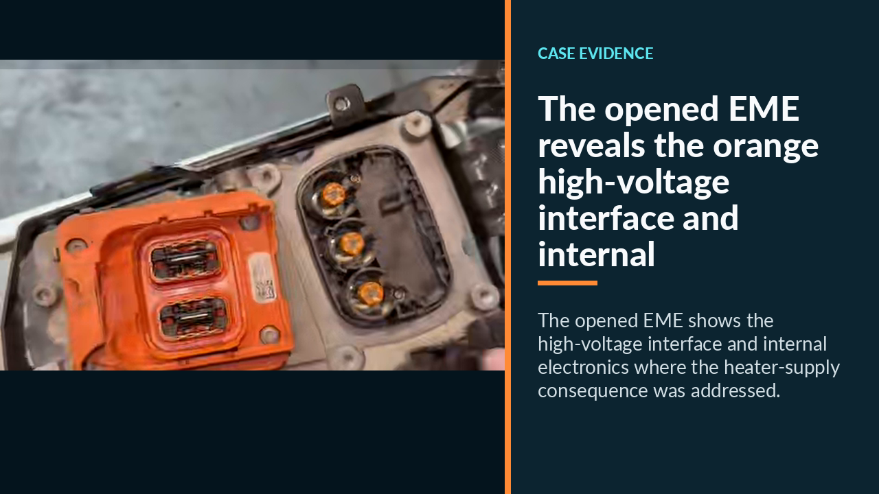 The opened EME reveals the orange high-voltage interface and internal electronics