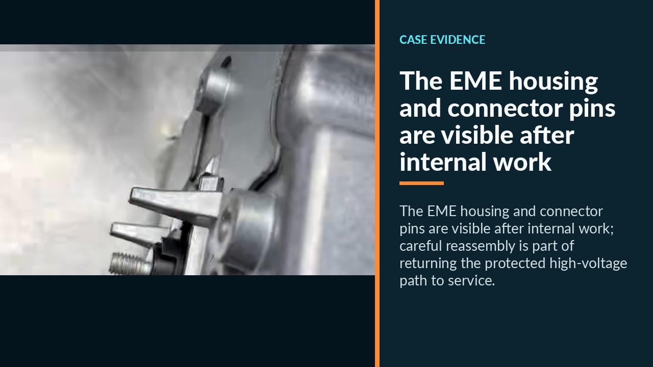 The EME housing and connector pins are visible after internal work