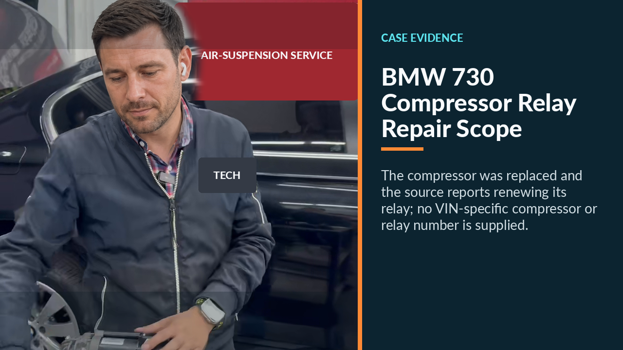 BMW 730 compressor assemblies and relay shown during the repair explanation.