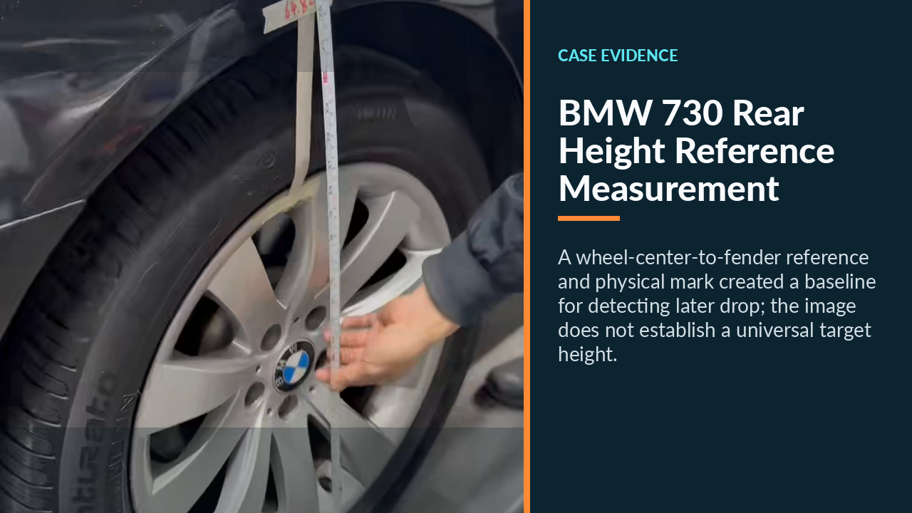 Ruler aligned at the BMW 730 rear wheel to record the restored suspension height.