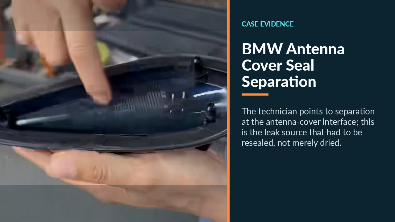 Close view of the removed BMW shark-fin antenna cover and separated sealing interface.
