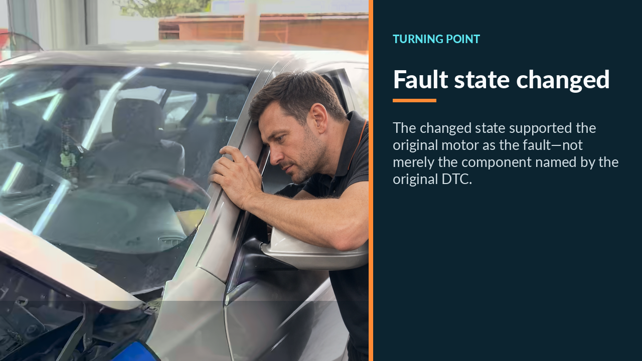 BMW technician checking the vehicle after the Valvetronic motor cross-test changed the fault state