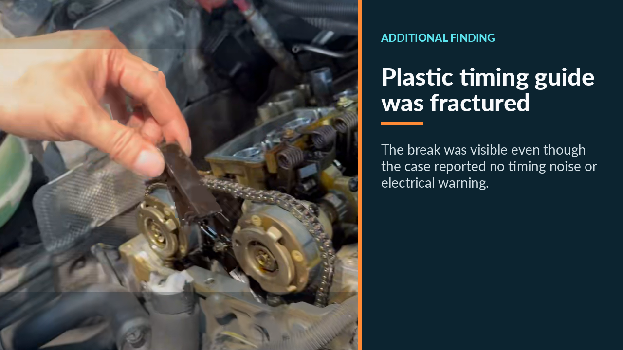 Fractured BMW N20 plastic timing guide beside the exposed timing chain