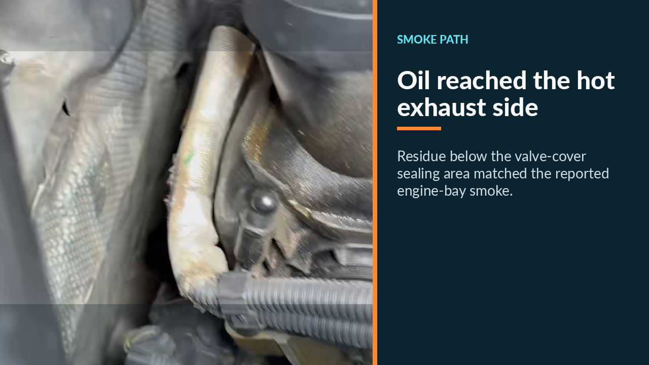 BMW N20 oil residue along the hot exhaust side below the valve-cover sealing area