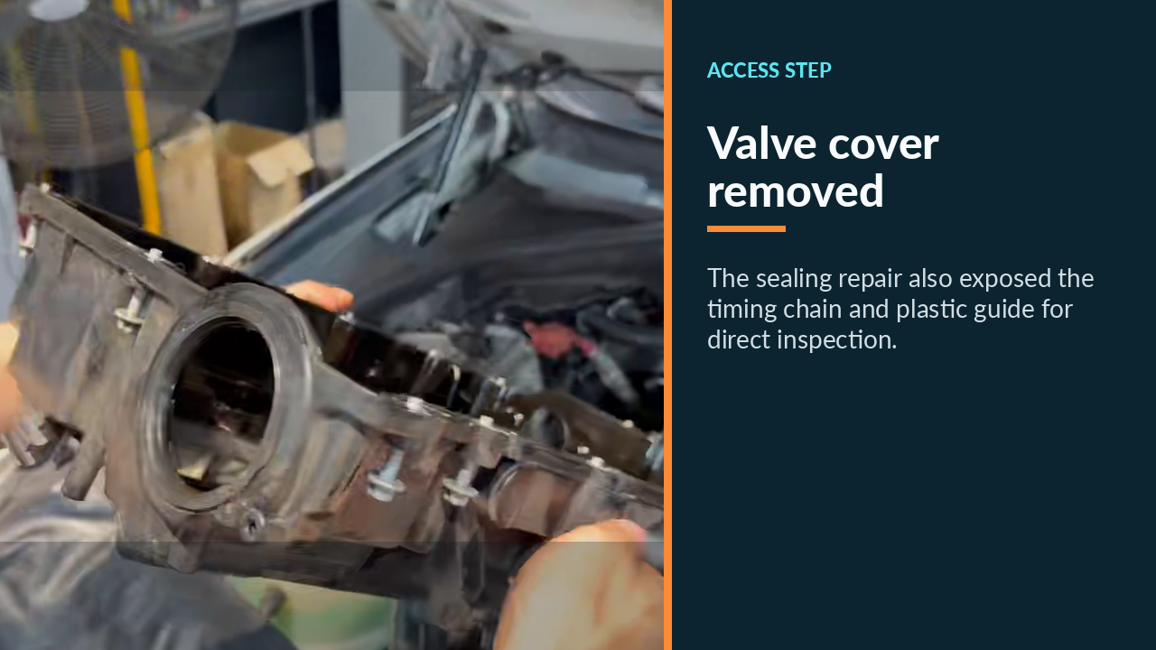 Removed BMW N20 valve cover exposing the timing drive for inspection