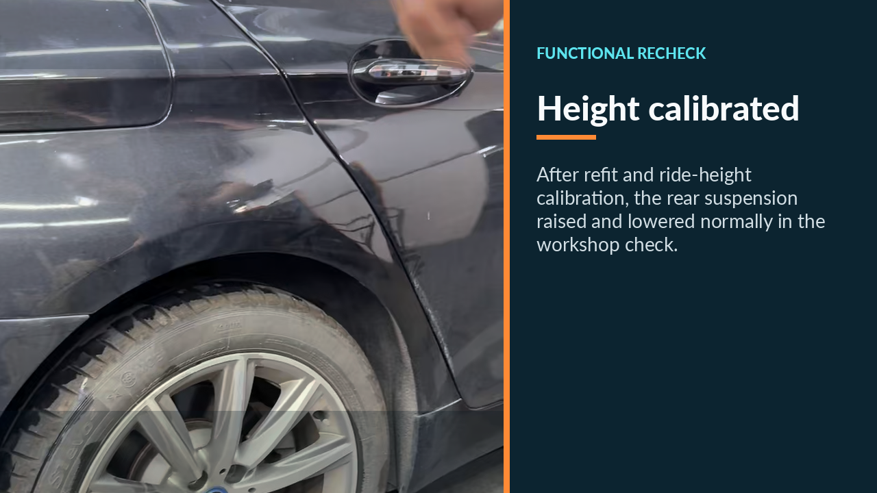 BMW 530Le at normal rear height after compressor repair and ride-height calibration