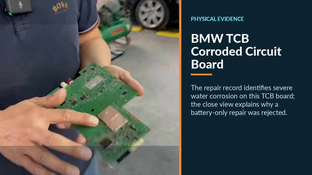 Technician holding the opened BMW TCB circuit board and pointing to the damaged area.