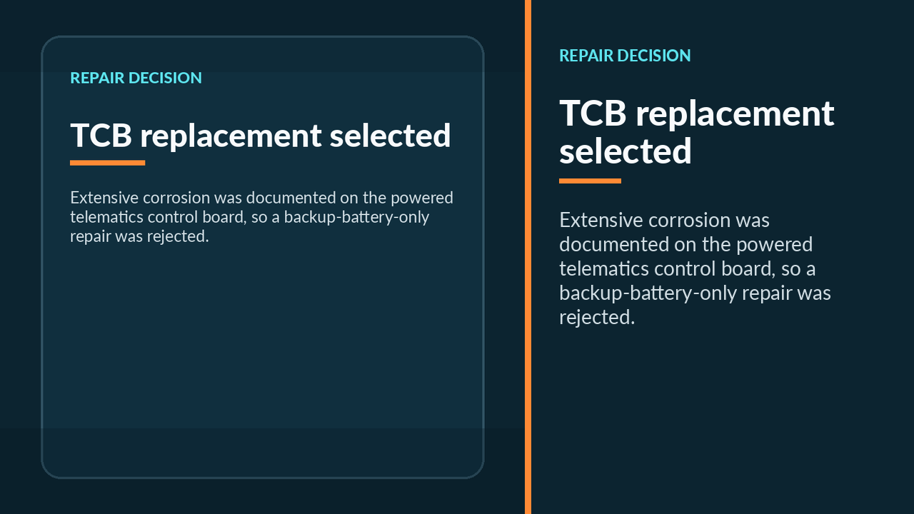 Technician at the BMW cargo opening beside the damaged and replacement TCB electronics.