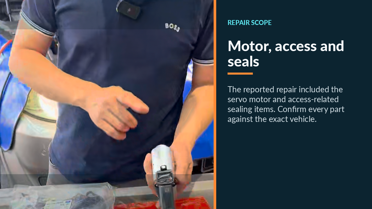 Technician reviewing a Valvetronic servo motor and access-related sealing items