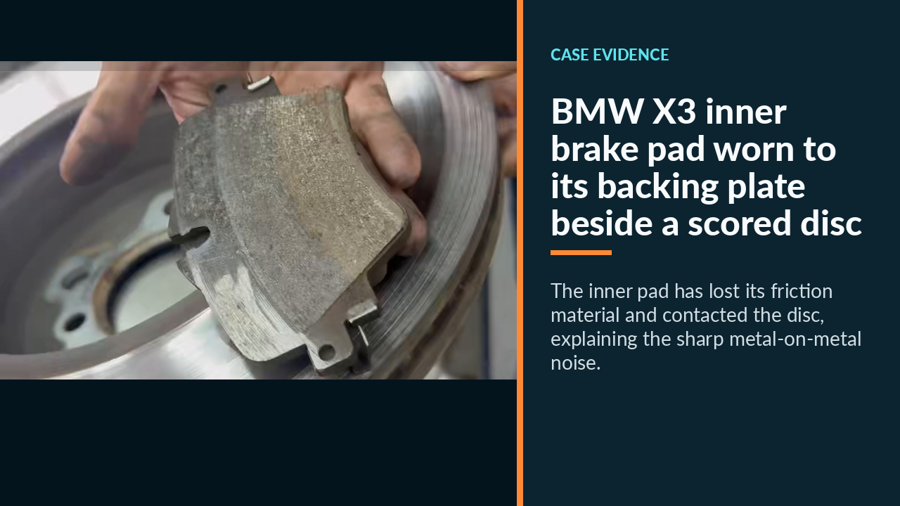 BMW X3 inner brake pad worn to its backing plate beside a scored disc