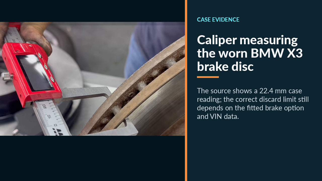 Caliper measuring the worn BMW X3 brake disc