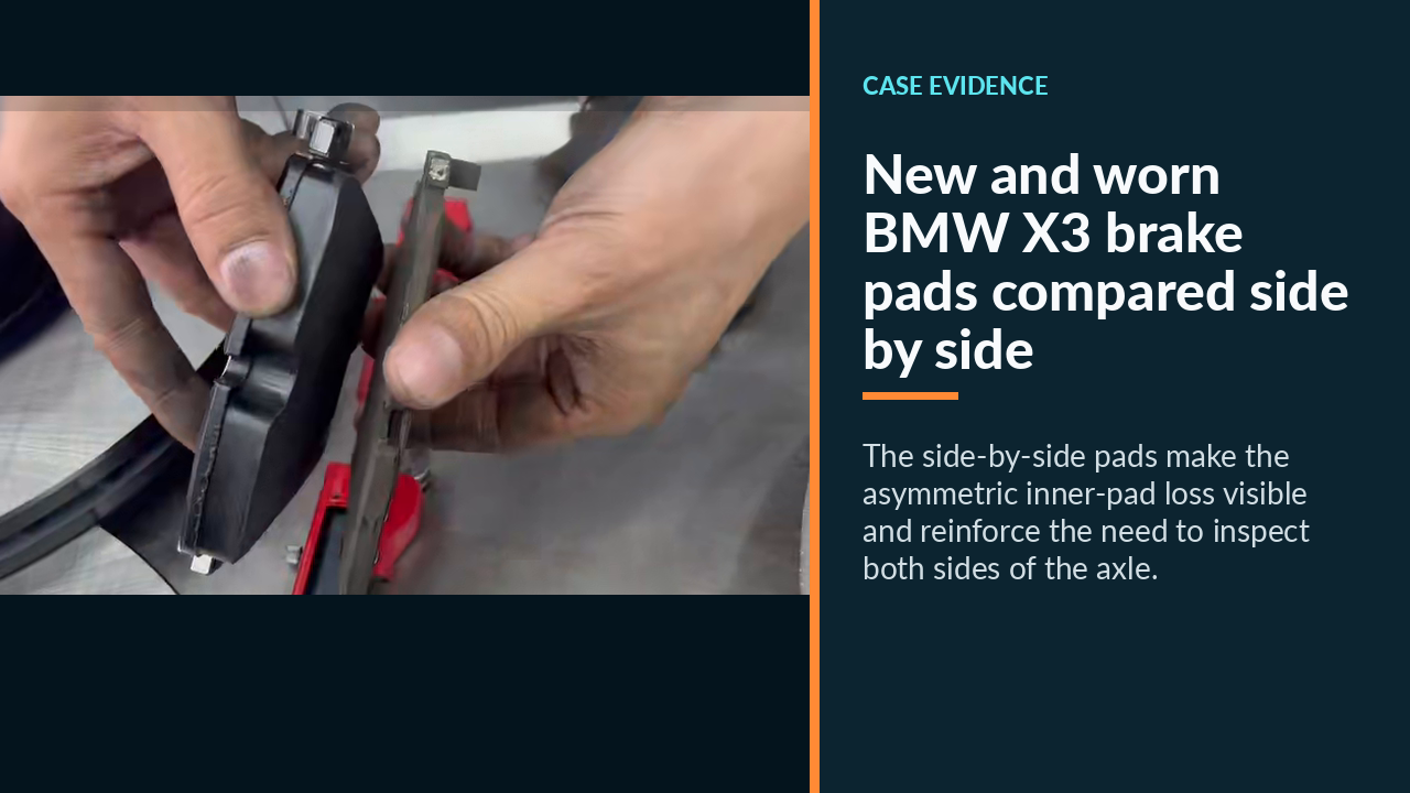 New and worn BMW X3 brake pads compared side by side
