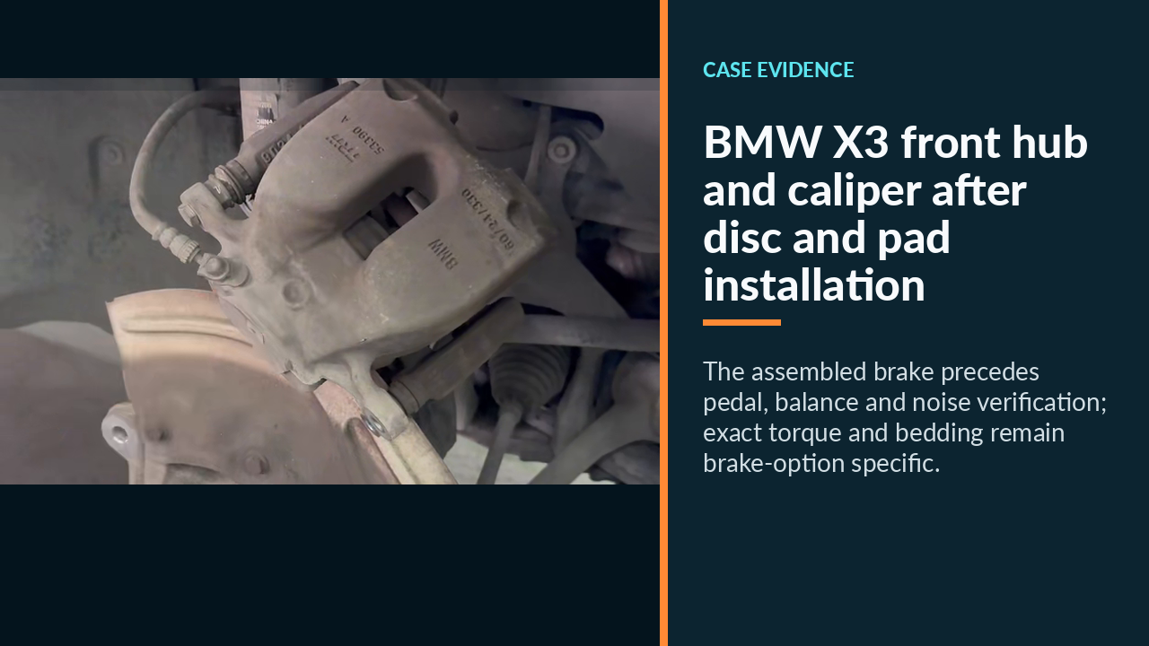 BMW X3 front hub and caliper after disc and pad installation