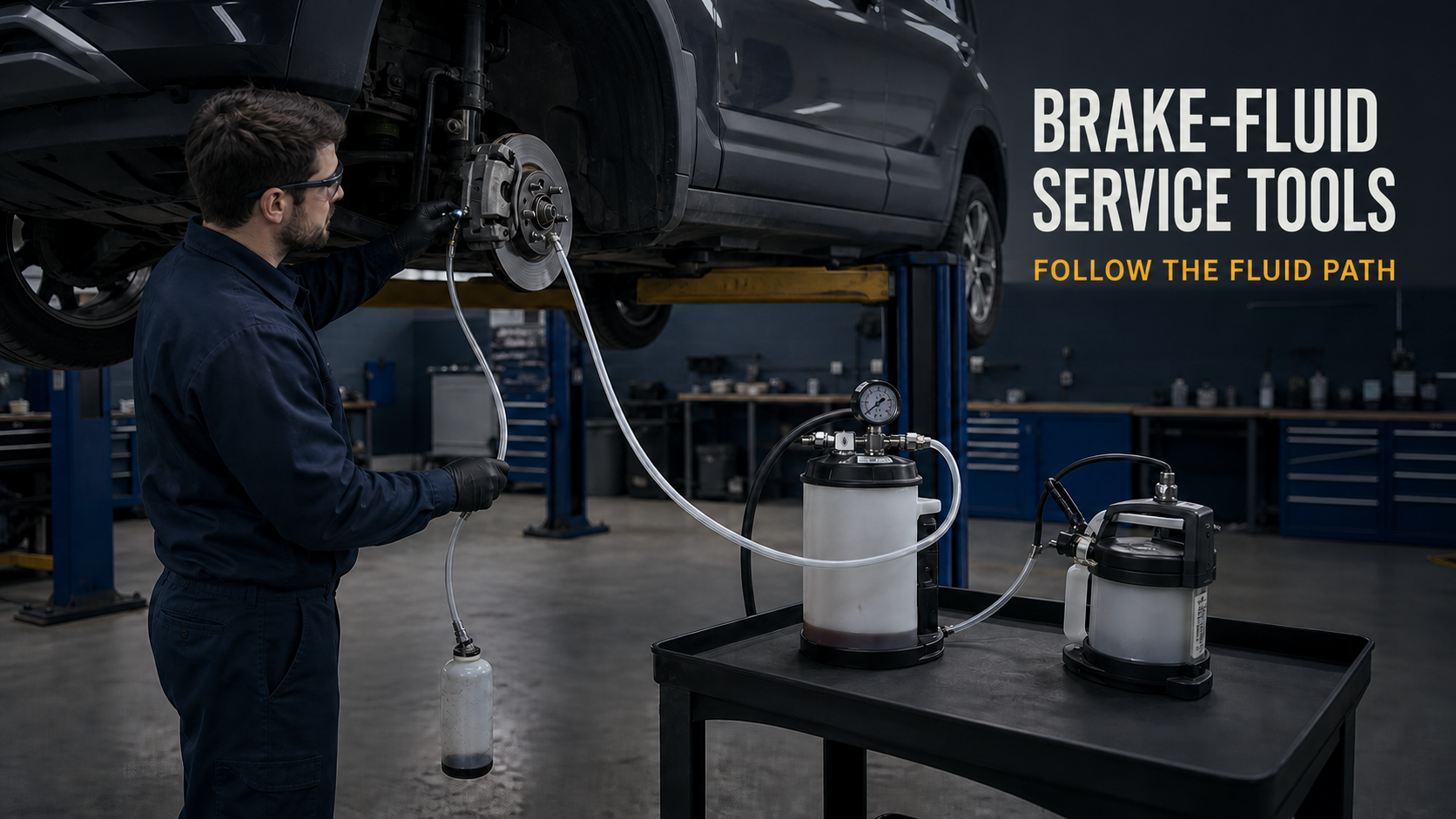 A technician following the fluid path from a brake bleeder to a wheel caliper
