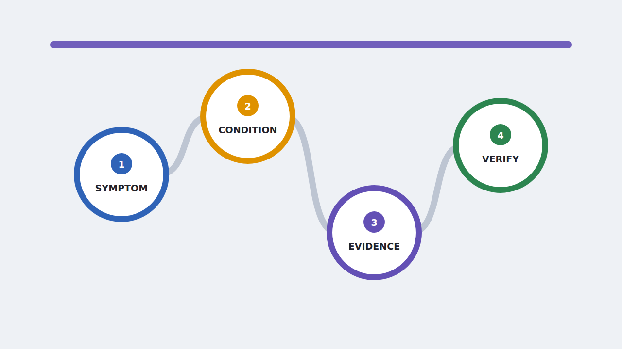 Four-step diagnostic path from symptom and condition to evidence and verification