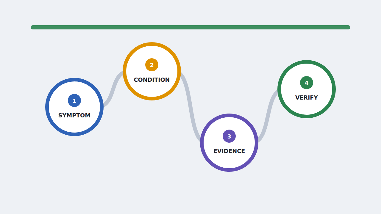 Four-step diagnostic path from symptom and condition to evidence and verification