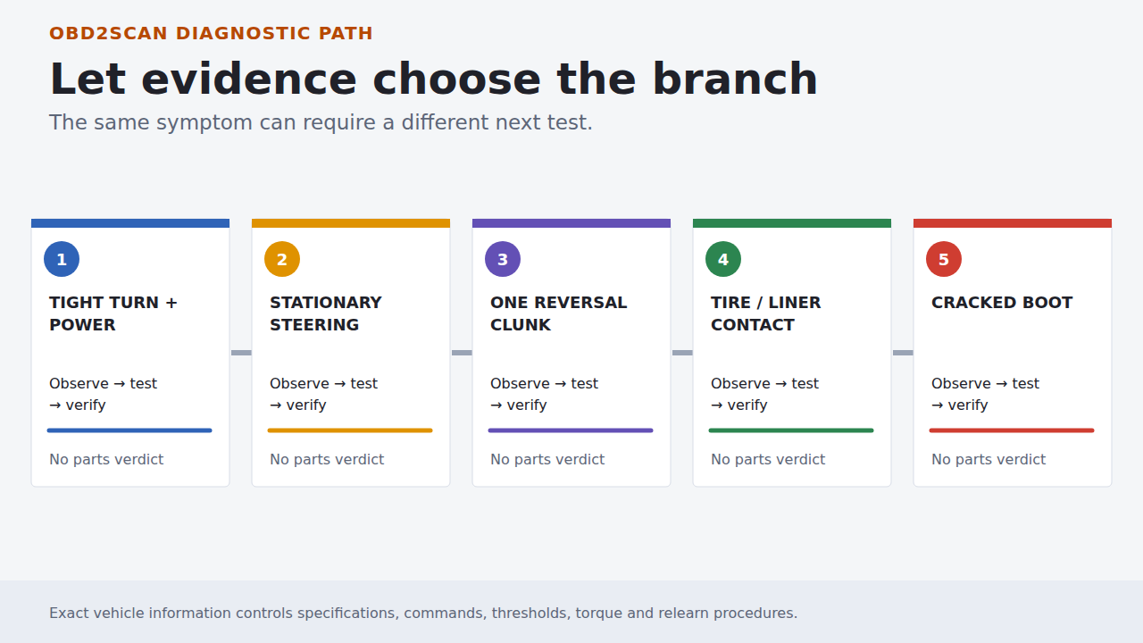 Five evidence branches used to choose the next diagnostic test
