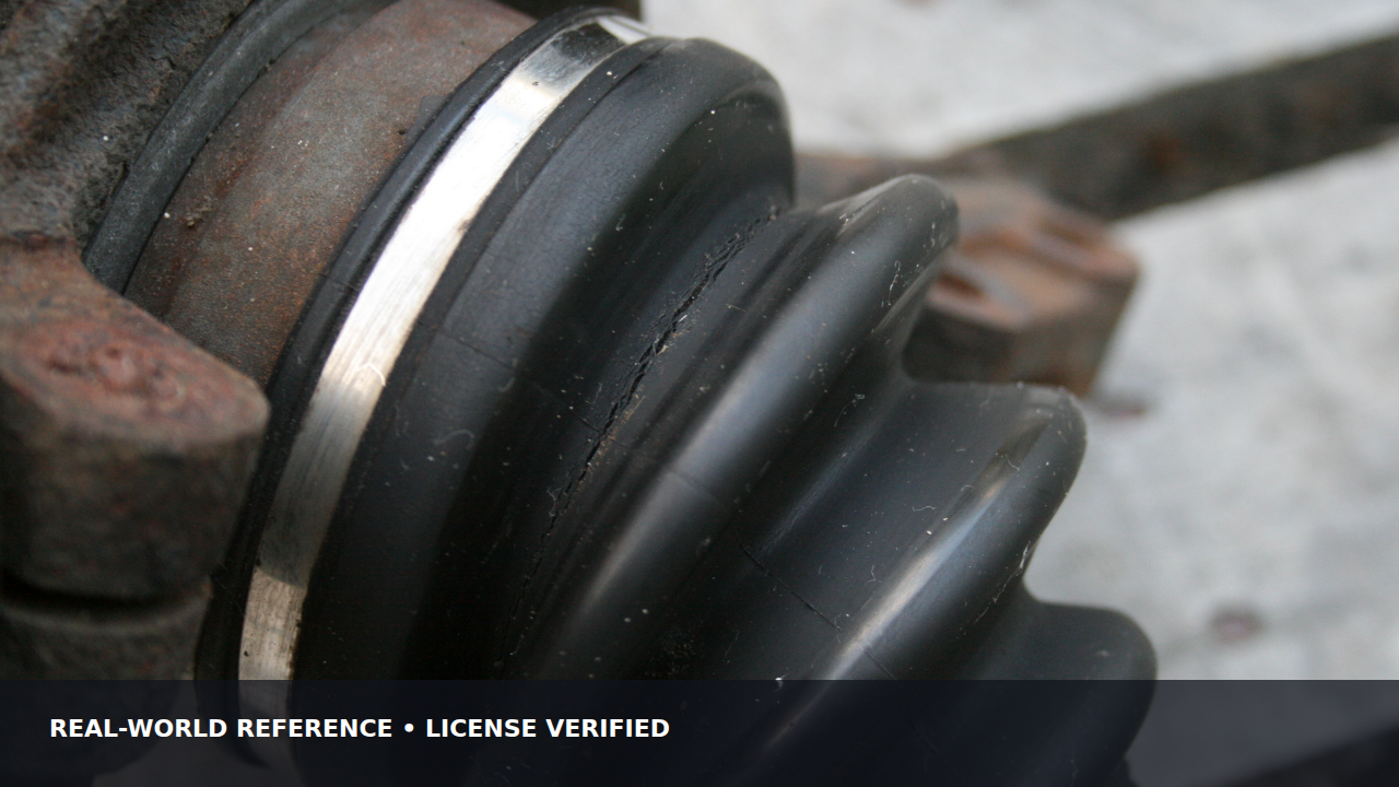 Cracked constant-velocity joint boot on a vehicle axle