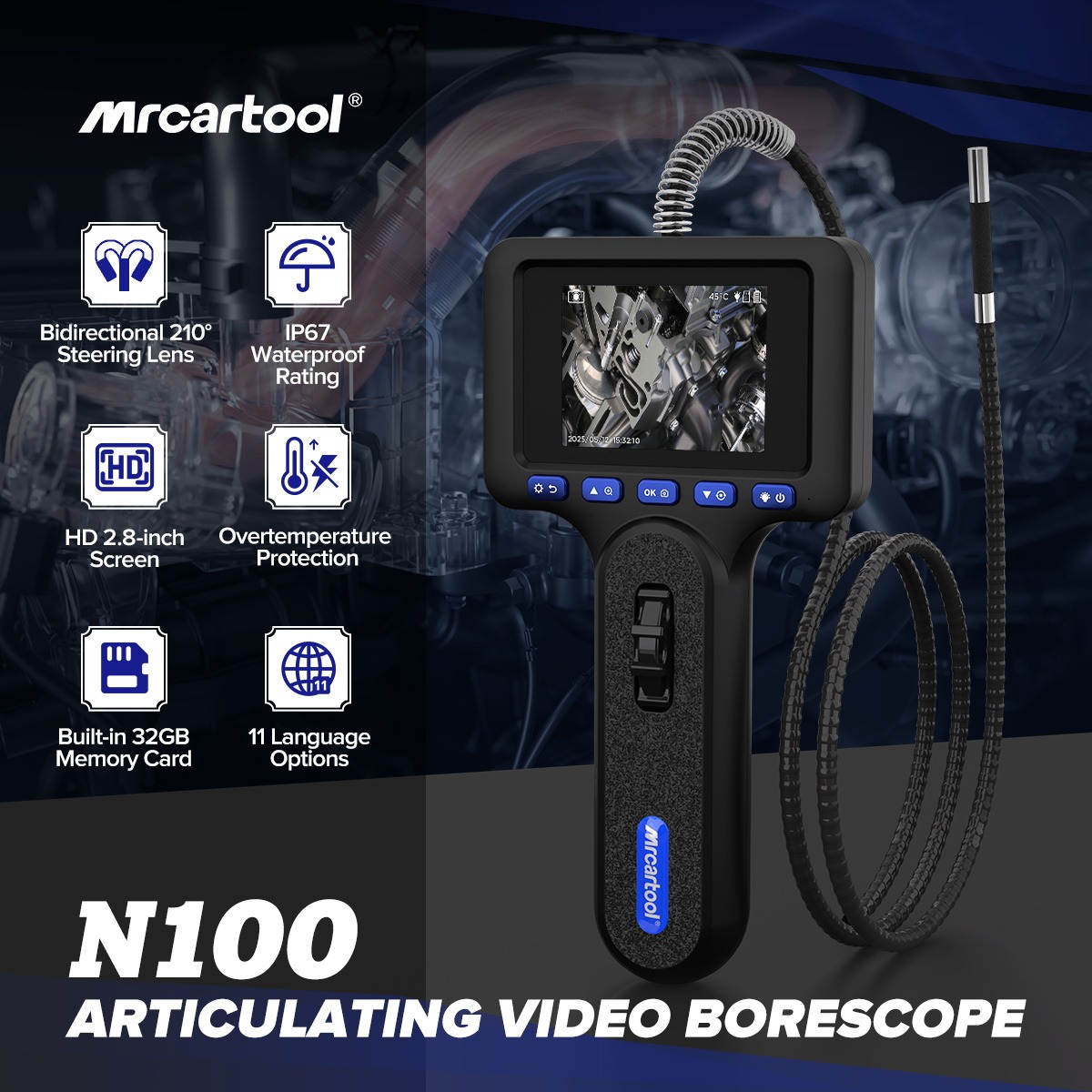 Second exact first-party product or workflow view of MRCARTOOL N100 compact 210-degree recording inspection camera
