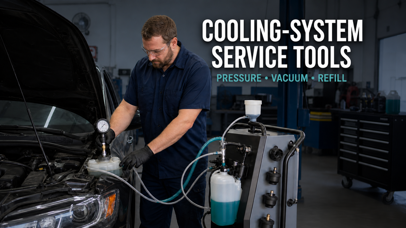 A technician using a cooling-system pressure tester and vacuum refill cart