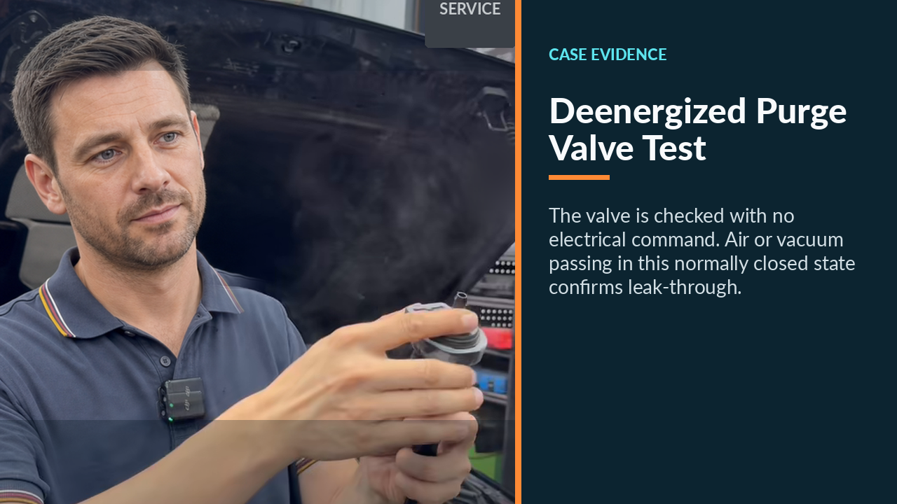 Technician holding the disconnected purge valve during the zero-voltage sealing test