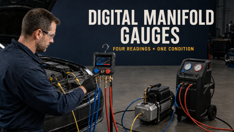 A technician reading pressure and temperature together on a digital manifold gauge