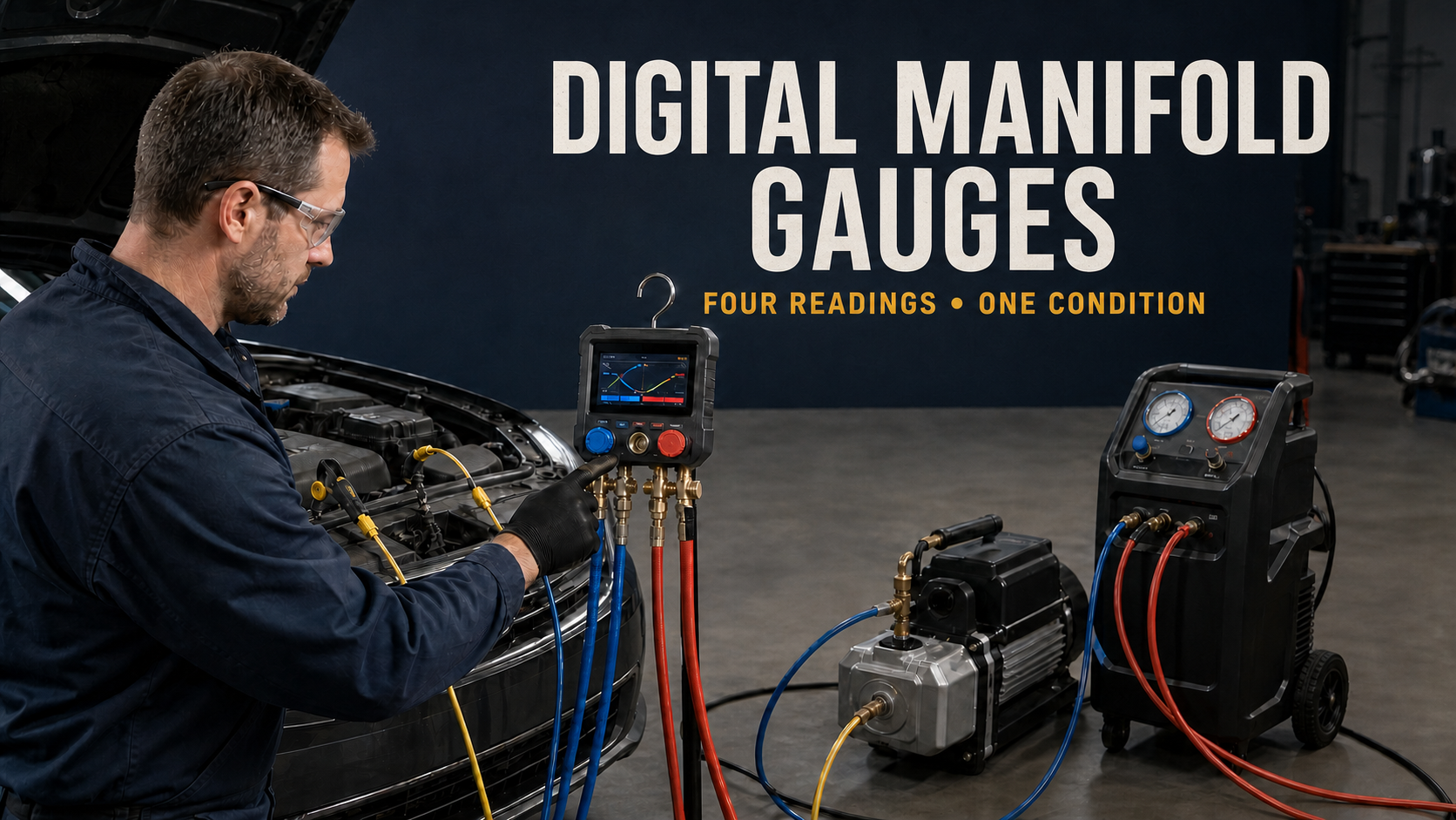 A technician reading pressure and temperature together on a digital manifold gauge