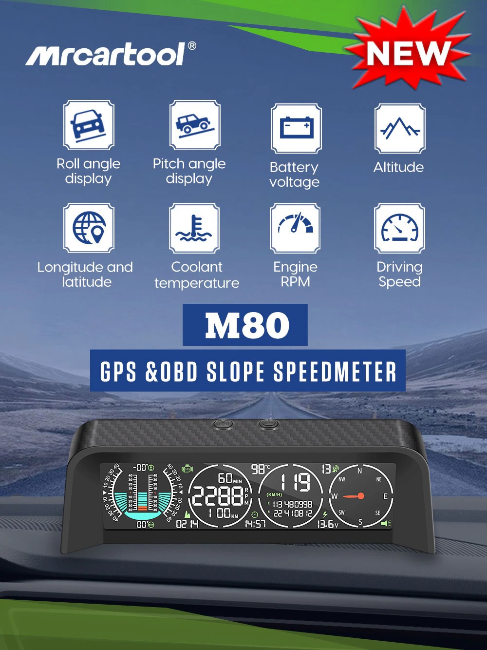 Second exact first-party product or workflow view of MRCARTOOL M80 OBD plus GPS head-up display and inclinometer