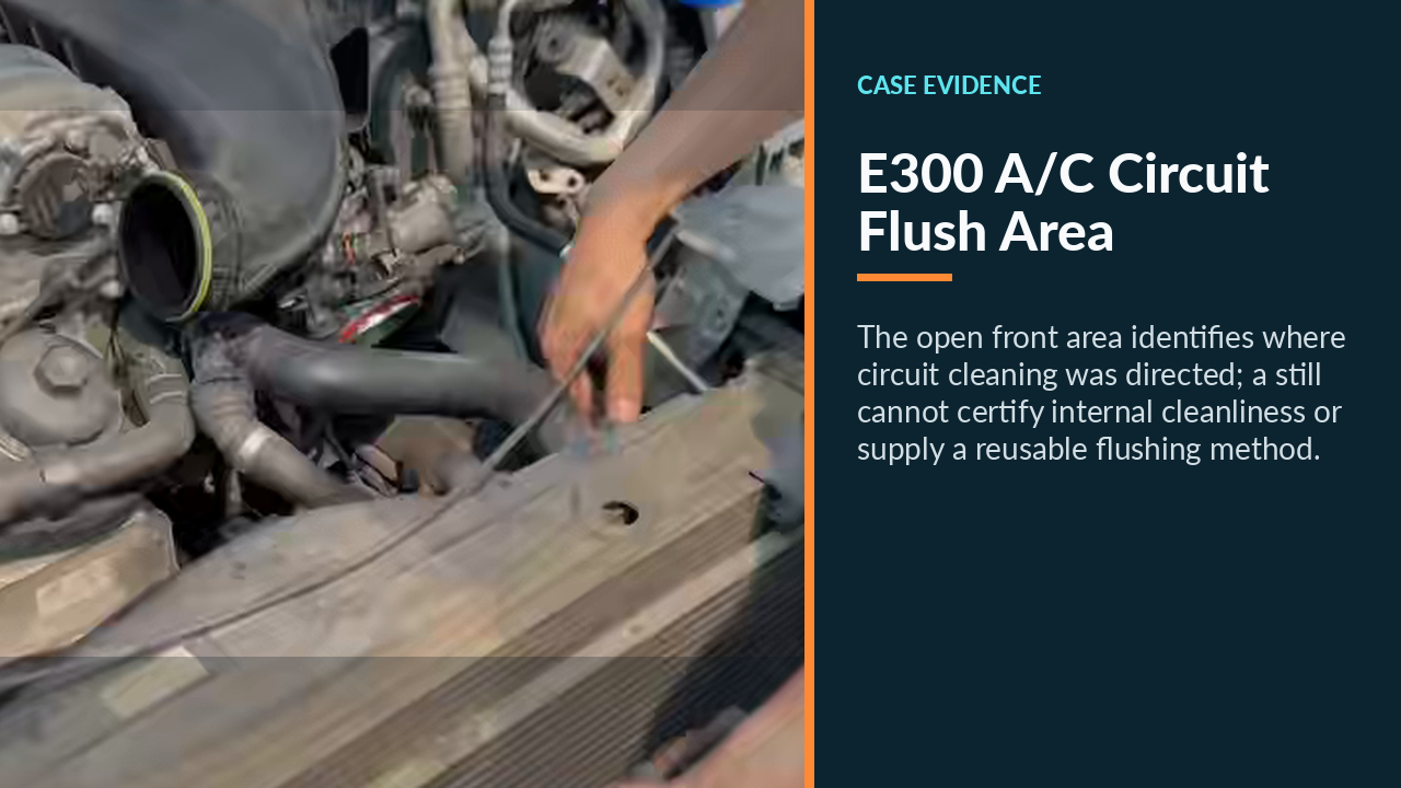 Technician indicating the Mercedes E300 high-pressure A/C circuit and condenser area during cleaning.
