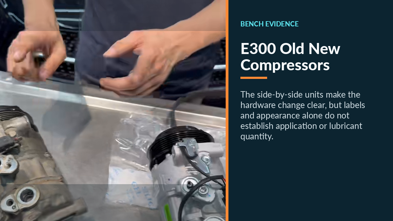 Old and new Mercedes E300 A/C compressors side by side on a worktable.