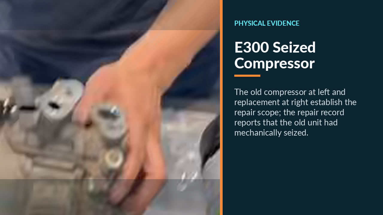 Removed and replacement A/C compressors in front of the 2020 Mercedes E300.