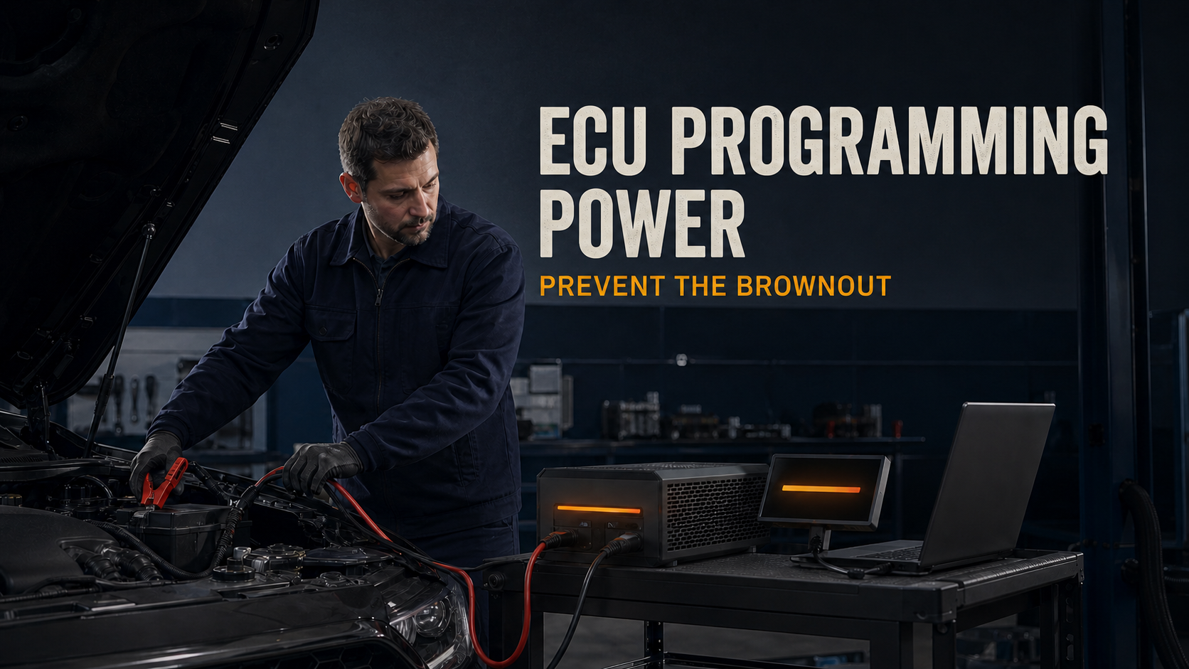 A technician connecting a stable workshop power supply before ECU programming
