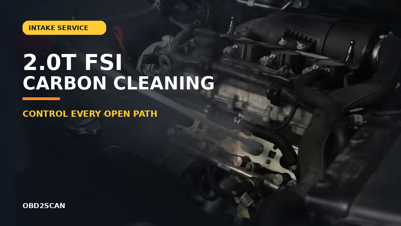 Exposed intake ports during engine-bay cleaning beneath an OBD2SCAN 2.0T FSI carbon-cleaning title