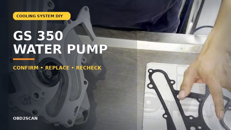 Replacement water pump and gasket beneath an OBD2SCAN Lexus GS 350 water-pump title
