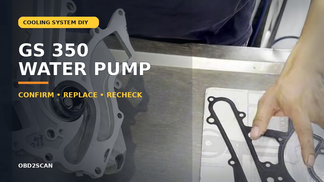 Replacement water pump and gasket beneath an OBD2SCAN Lexus GS 350 water-pump title