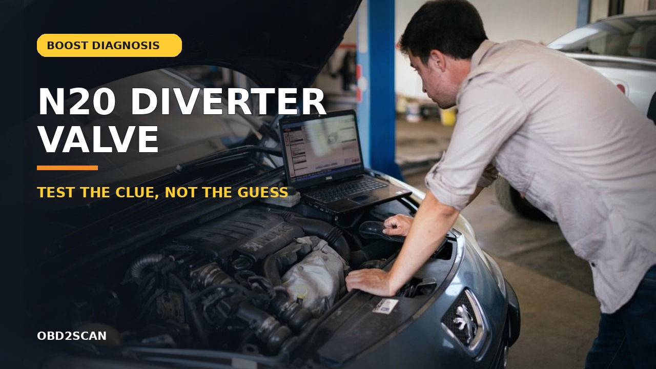Technician comparing diagnostic data with an engine bay beneath an OBD2SCAN N20 diverter-valve title