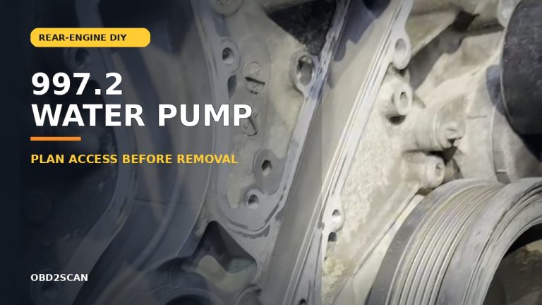 Exposed water-pump mounting area beneath an OBD2SCAN Porsche 997.2 water-pump title
