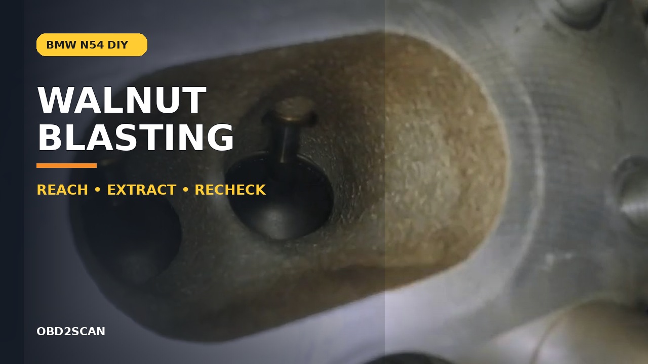 Close view of an exposed intake-valve port during media cleaning beneath an OBD2SCAN walnut-blasting title