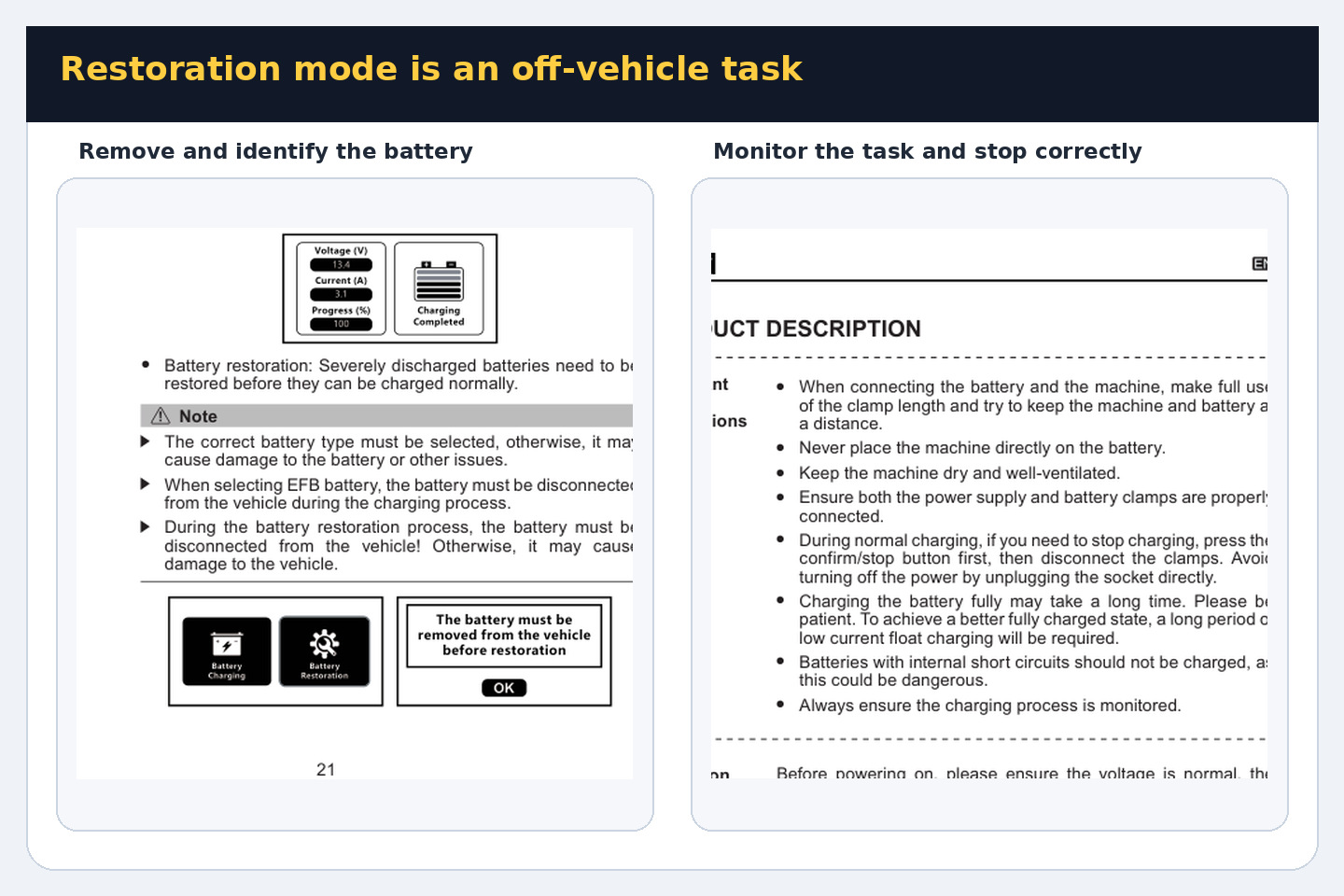 EM355 manual pages showing battery restoration selection, removal from the vehicle and monitored charging rules