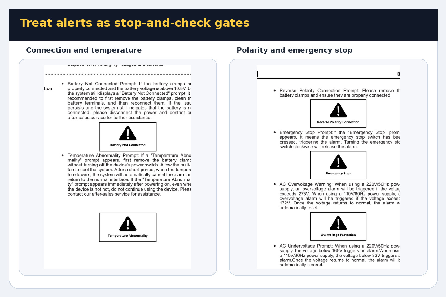 EM355 manual alert pages for battery connection, temperature, reverse polarity and emergency stop states