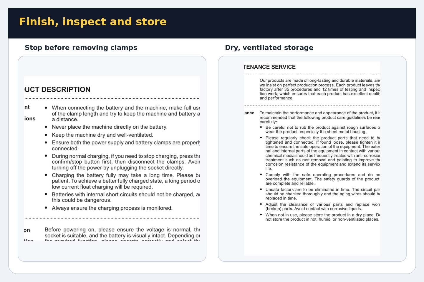 EM355 manual pages showing the Stop-before-clamp-removal rule and dry ventilated storage guidance
