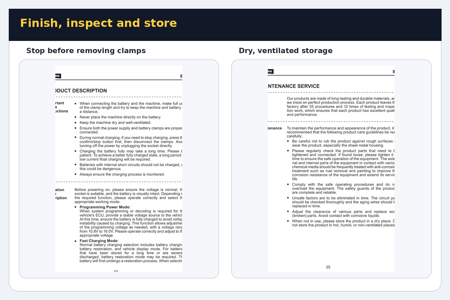 EM365 manual guidance for Stop-before-clamp removal and dry ventilated storage