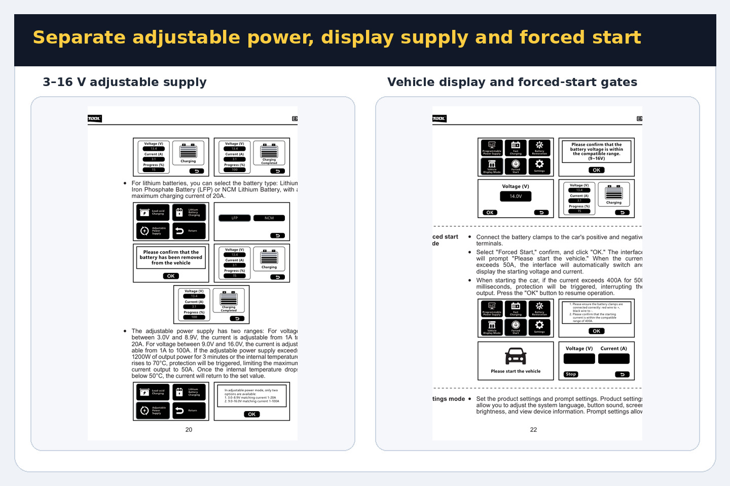 EM385 manual ranges for adjustable power beside vehicle display and forced-start prompts