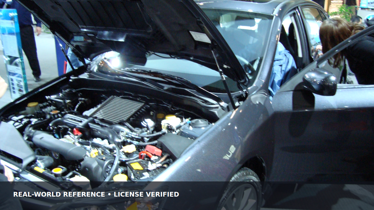 Passenger car parked with its hood open for an engine-bay inspection