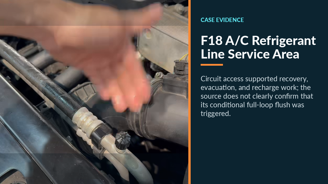 BMW F18 refrigerant-line area during compressor circuit restoration.