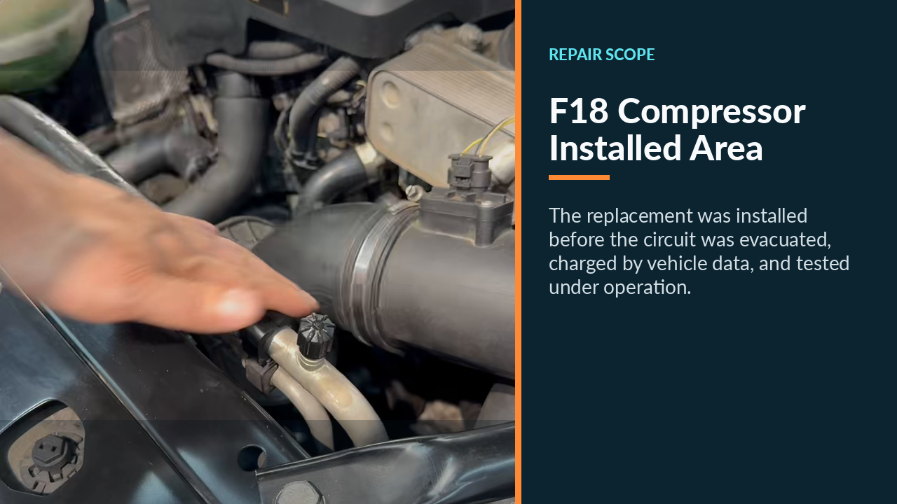 Installed A/C compressor area in the BMW 525i N20 engine bay.